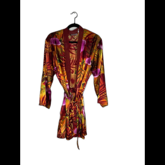 The Lingerie Collection Womens Short Kimono Robe Floral Tropical Size Medium - Picture 2 of 8